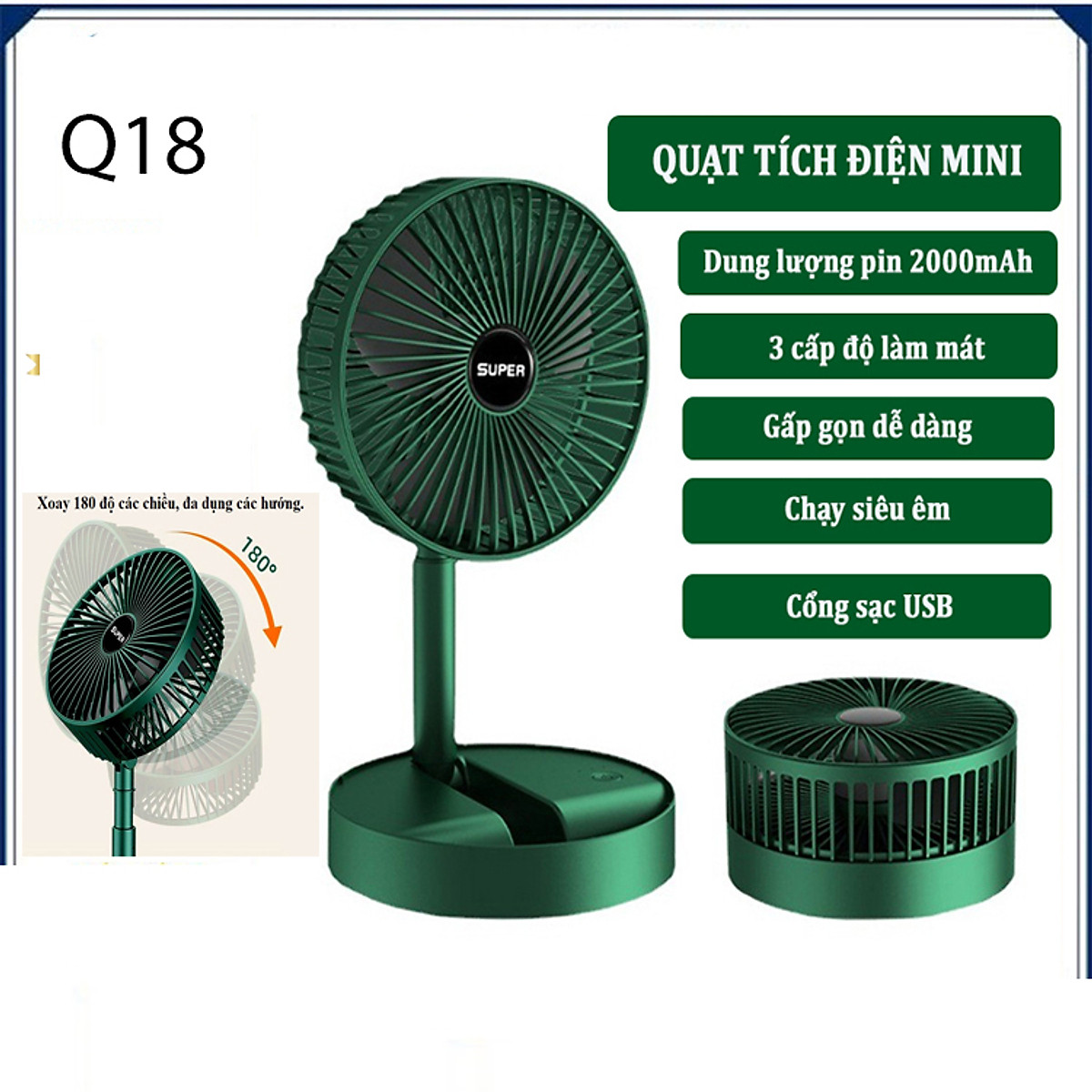 Quạt sạc mini để bàn gấp gọn có 3 chế độ gió, có thể xoay 180 độ tiện dụng - hàng chính hãng