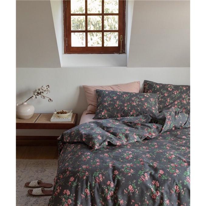 Bộ Chăn Ga Gối Cotton living 100%cotto Hàng Nhập Khẩu Cao Cấp 4 Món Hoa Hồng Đen Cực Xinh Lại Sạch
