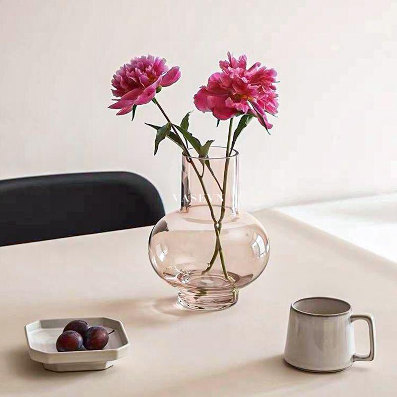 Bình Hoa Thủy Tinh Trang Trí - Màu Hồng Pastel - Dáng Thấp Bụng Tròn - Bình Cắm Hoa