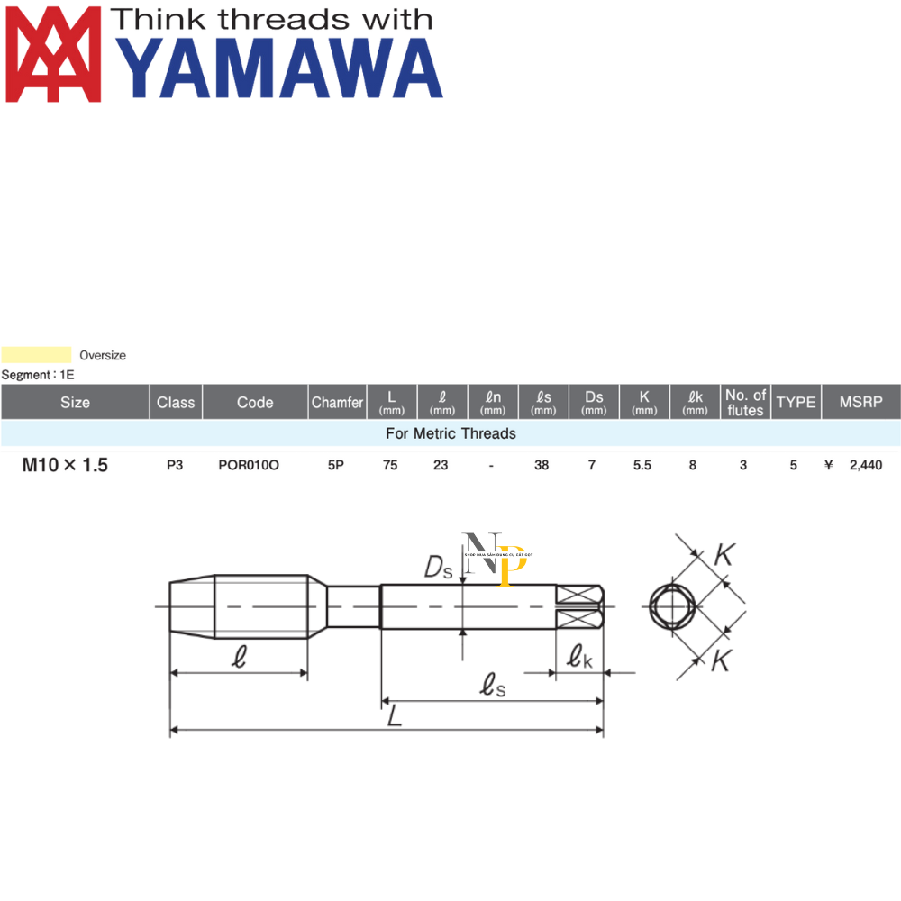 Hình ảnh Mũi Taro Thẳng P3 M10x1.5 YAMAWA - POR010O