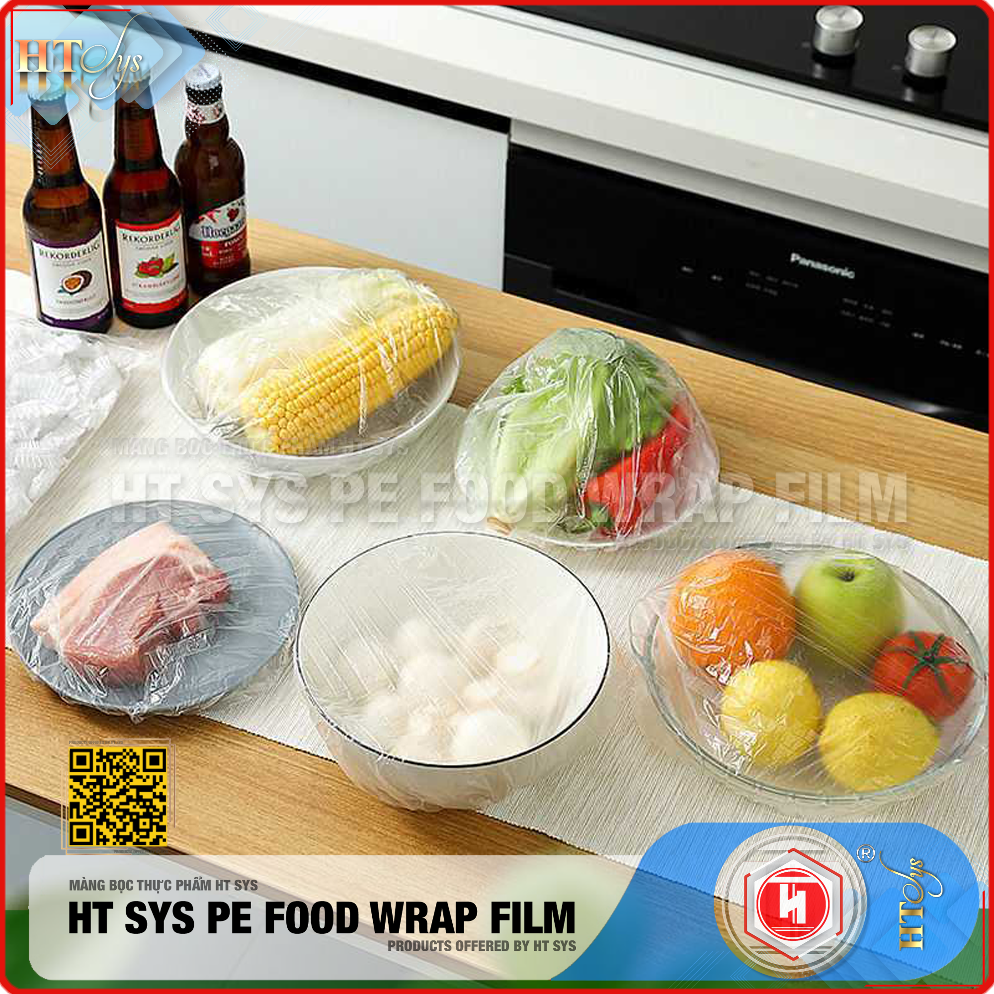 Màng Bọc Thực Phẩm HT SYS PE FOOD WRAP FILM - Chất Liệu PE Cao Cấp - Có Chun Co Giãn - Tái Sử Dụng Nhiều Lần - An Toàn Vệ Sinh - Gói 100 Chiếc Tặng Kèm Túi Đựng Và Móc Dán Đa Năng