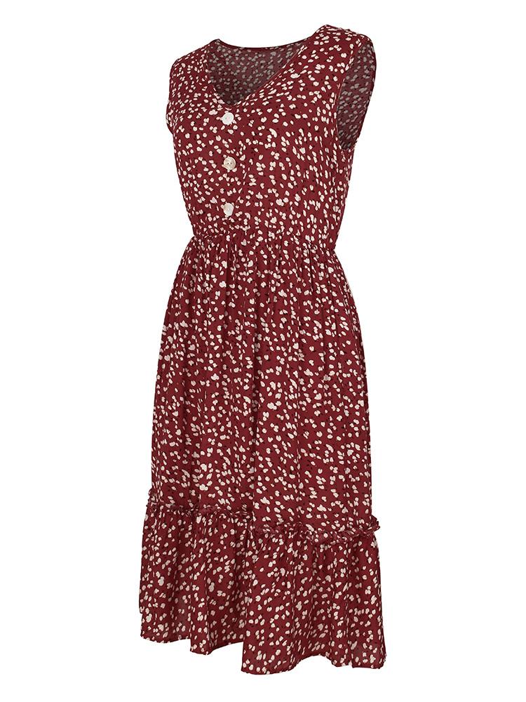Fashion Women Summer Floral Print Dress V Neck Sleeveless Button High Waist Ruffles Bohemian Holiday Dress