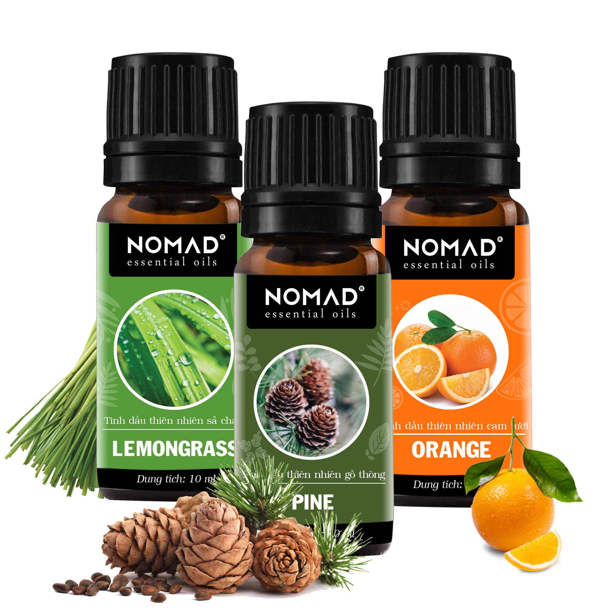 Combo 3 Tinh Dầu Nguyên Chất Nomad: Tinh Dầu Sả Chanh (10ml) + Tinh Dầu Gỗ Thông (10ml) + Tinh Dầu Vỏ Cam 10ml)