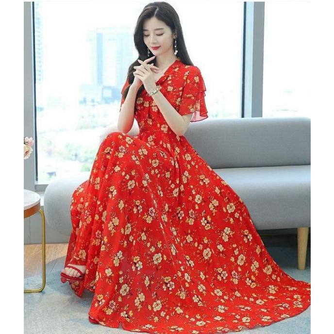 HÀNG NHẬP - ĐẦM XÒE VOAN HOA ĐỎ CỔ THẮT NƠ