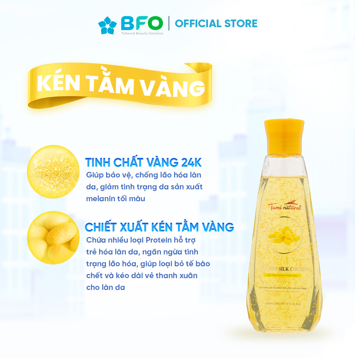 Sữa Tắm Tinh Dầu Thư Giản Tơ Kén Tằm Vàng Công Nghệ Anh Quốc Tami Natutal Dưỡng Ẩm Trắng Da Ngừa Lão Hóa Dung Tích 260ml/600ml