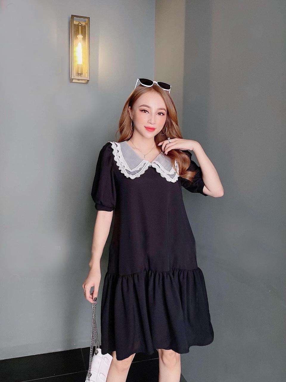 VÁY SUÔNG ĐEN CỖ VE TRẮNG ĐỦ SIZE TỪ 40-71KG