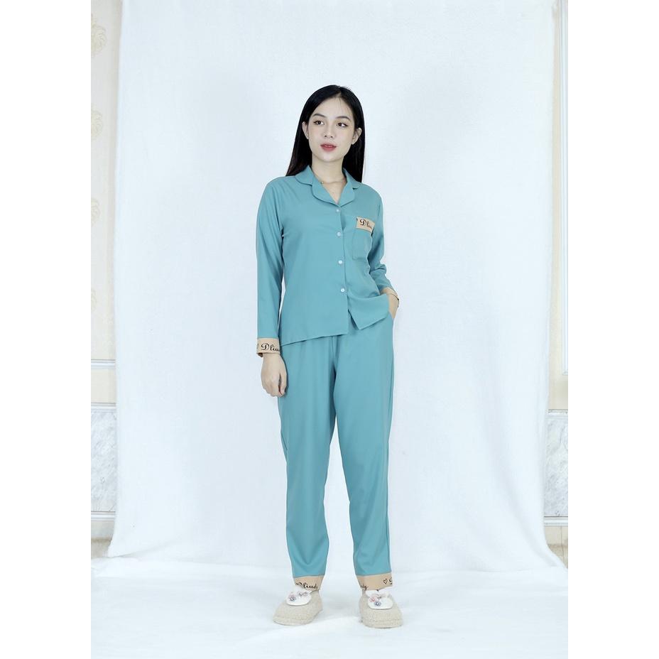 Bộ đồ bộ Pijama MÀU XANH ĐÁ QUẦN DÀI TAY DÀI PHA CHỮ siêu lụa