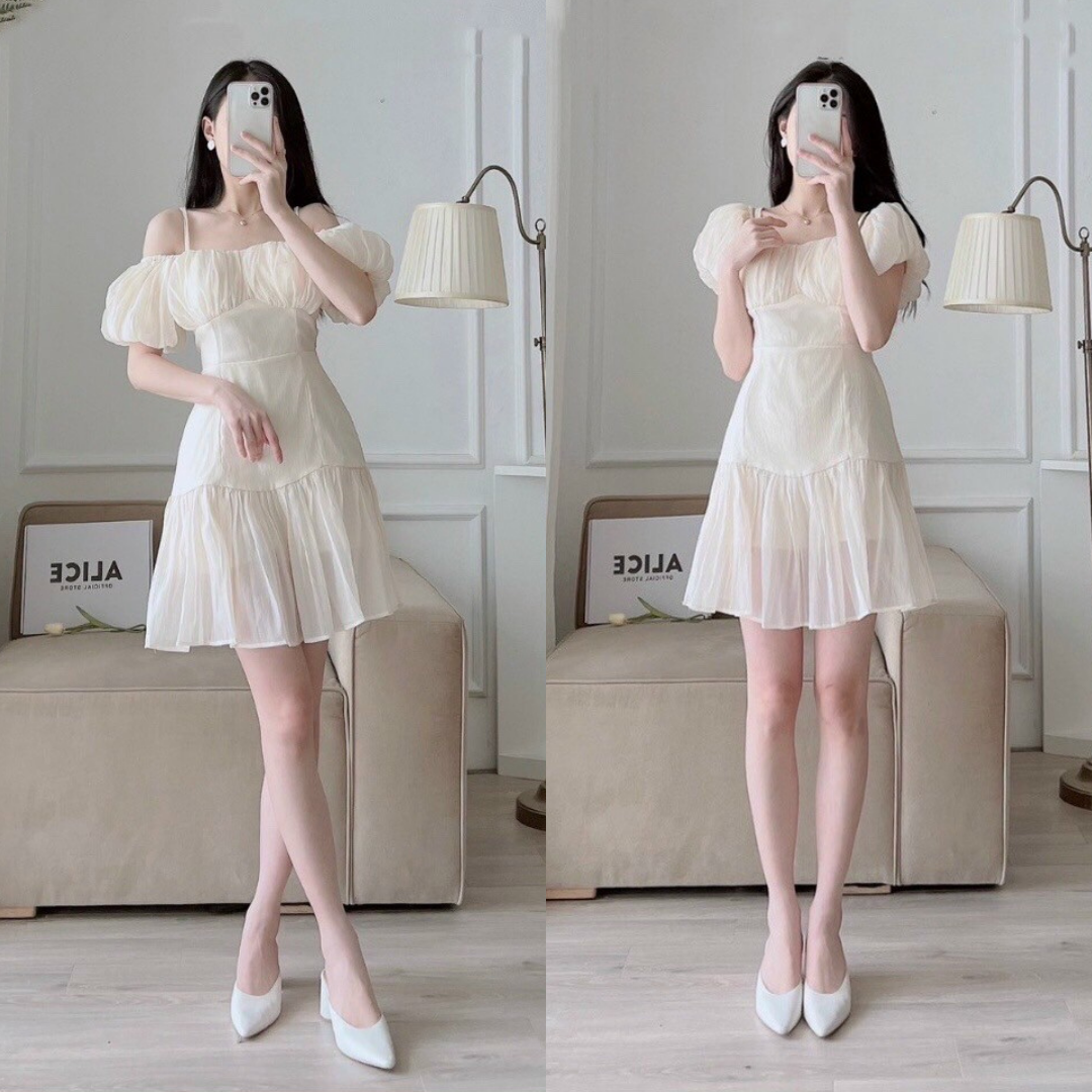 Đầm 2 dây trễ vai, Váy trắng ngắn hai dây Cao Cấp dáng chữ A tay ngắn ôm eo sexy gợi cảm MiNhi