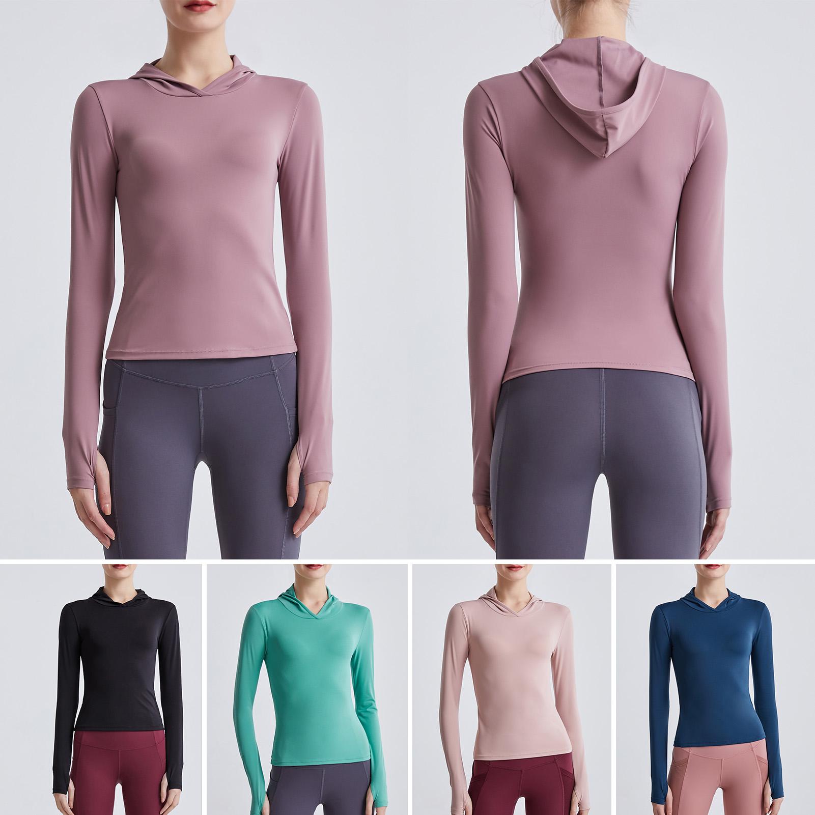 Áo tập thể thao dáng hoodie cho nữ với tay dài, xỏ ngón cái nhanh khô mỏng nhẹ có mũ trùm đầu