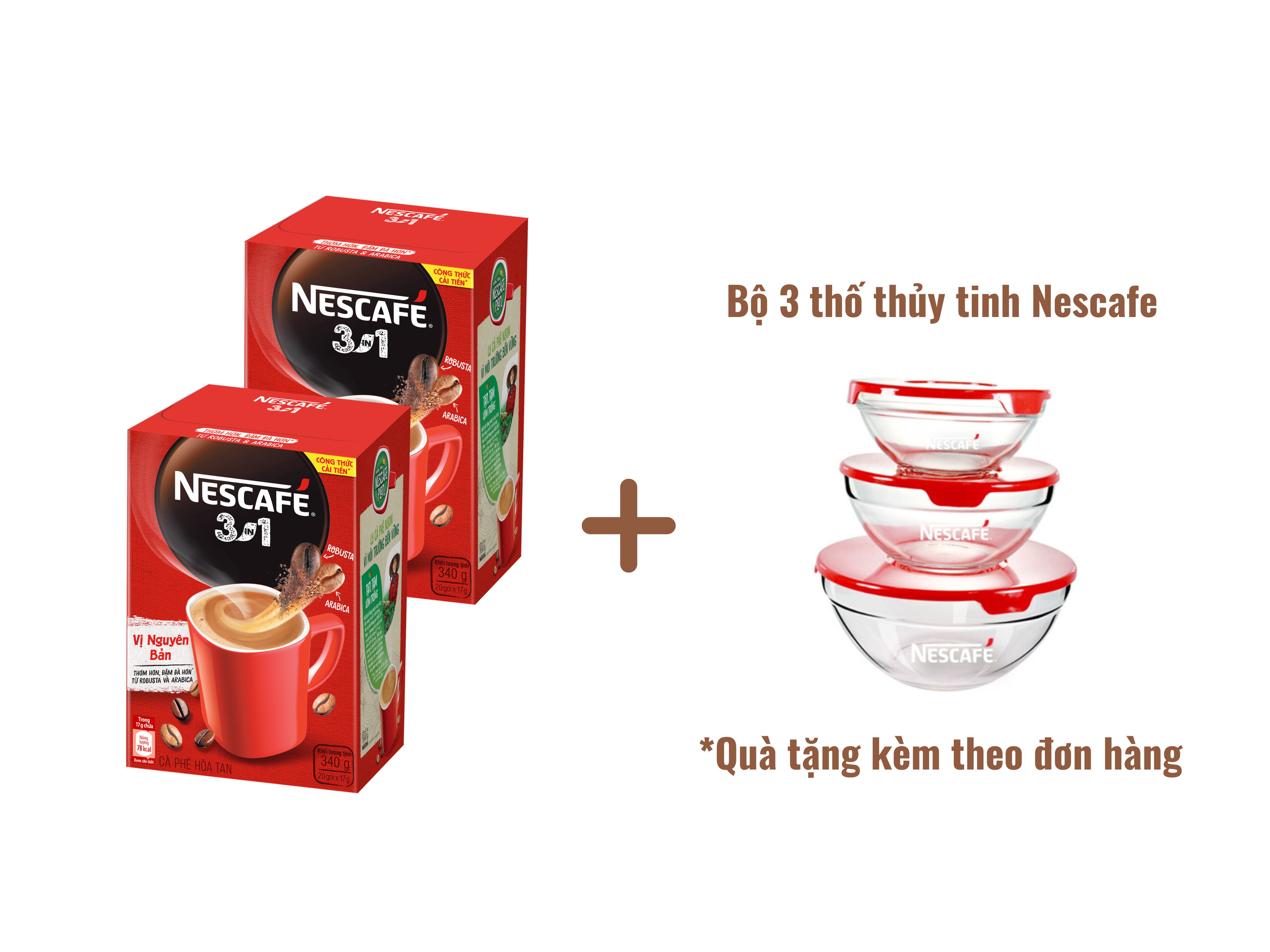 Combo 2 hộp NESCAFÉ 3IN1 Công thức cải tiến - Vị nguyên bản - Hộp 20 gói x 17 g - [Tặng bộ 3 thố thuỷ tinh]