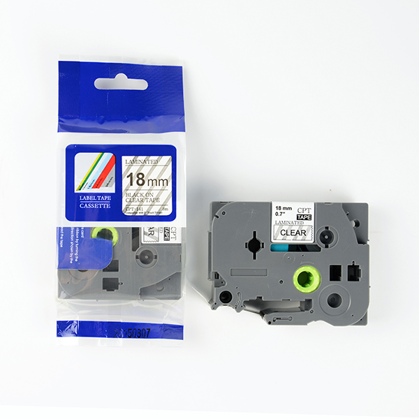 Tape nhãn in tương thích CPT-141 dùng cho máy in nhãn Brother P-Touch (chữ đen nền trong, 18mm)