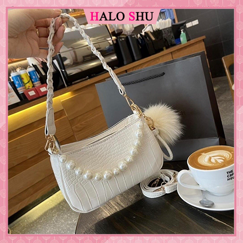 Túi xách nữ, túi cắp nách dây bện kết hợp quai ngọc giả sang trọng HALO SHU size 23 mã TX009 đen trắng