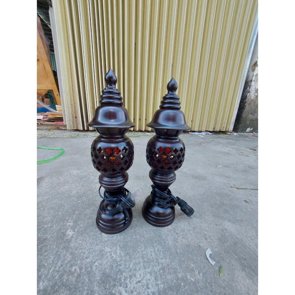 Cặp đèn thờ gỗ xà cừ-Đèn cúng bàn thờ cao 23cm - Màu đen