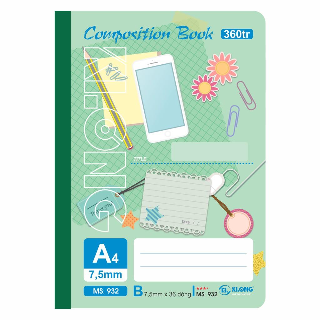 Sổ kẻ ngang may dán gáy Composition book KLONG A4 360 trang 58/92; MS: 932