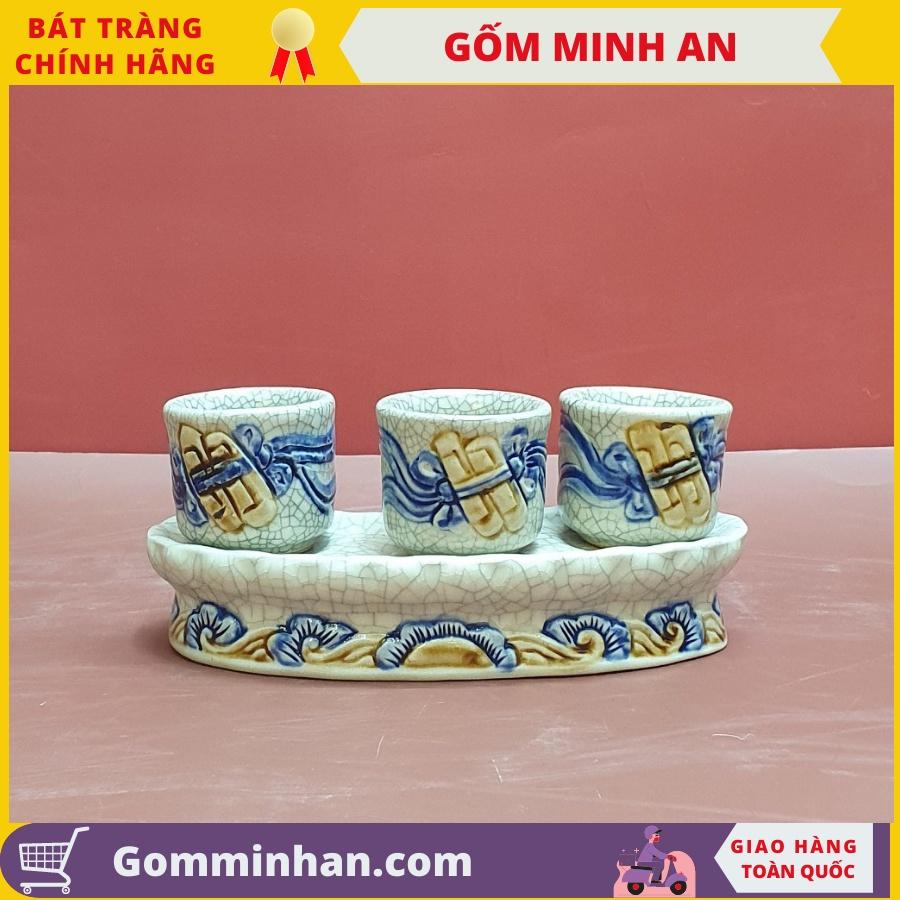 Kỷ Chén Thờ Sứ Men Rạn Đắp Nổi Cao Cấp- Kỷ Cong 3 chén- Gốm Sứ Bát Tràng- Gốm Minh An