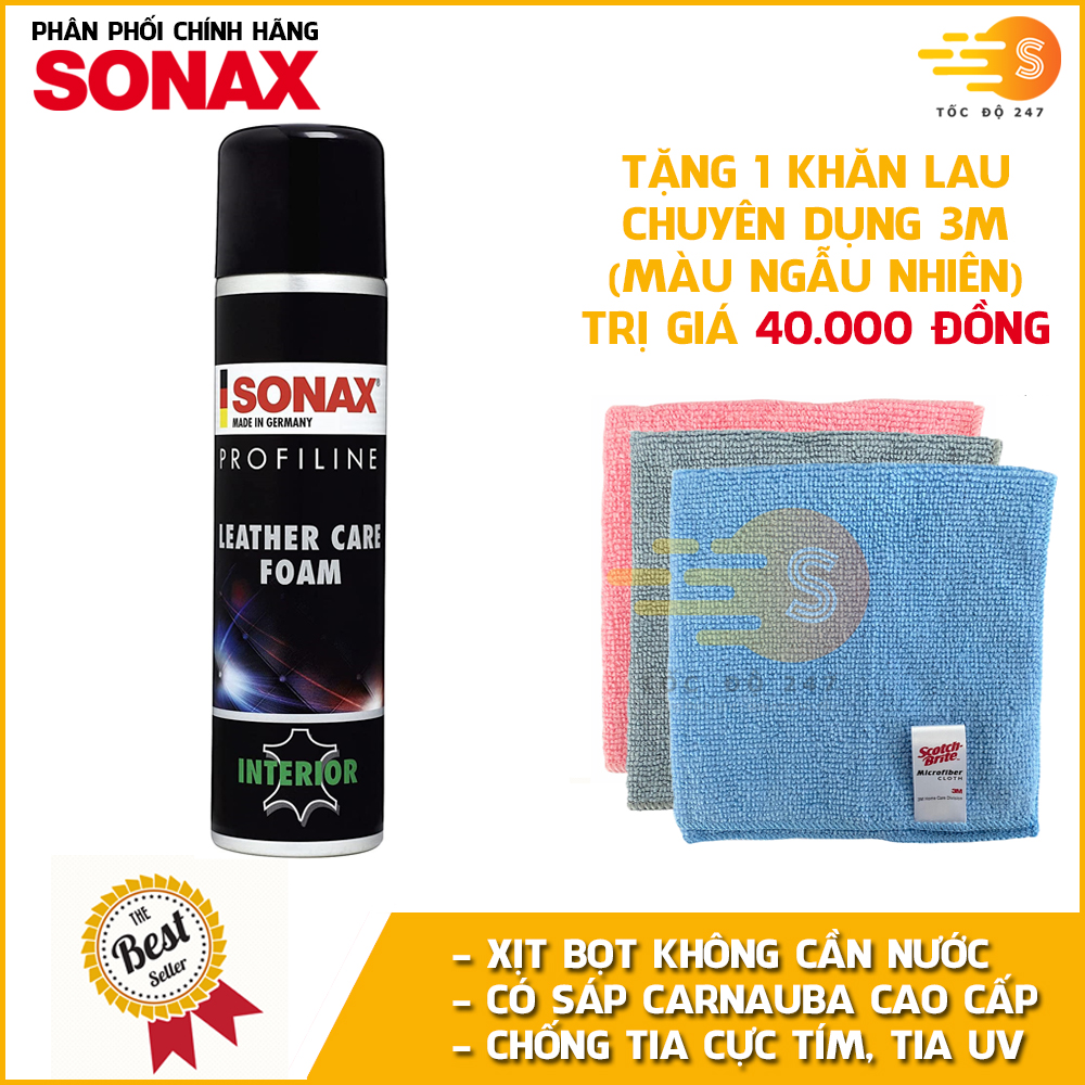 Chai xịt bọt làm sạch và bảo dưỡng ghế da ô tô Leather Care Foam Profiline Sonax 289300 400ml tặng kèm 1 khăn 3M KL3030 - làm mềm mịn da, dạng bọt không cần dùng nước