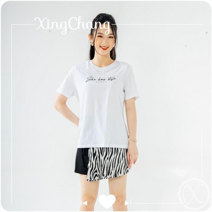 Áo phông công sở cổ tròn, áo thun tay ngắn cao cấp XingChang nữ tính in Style mã NXC39