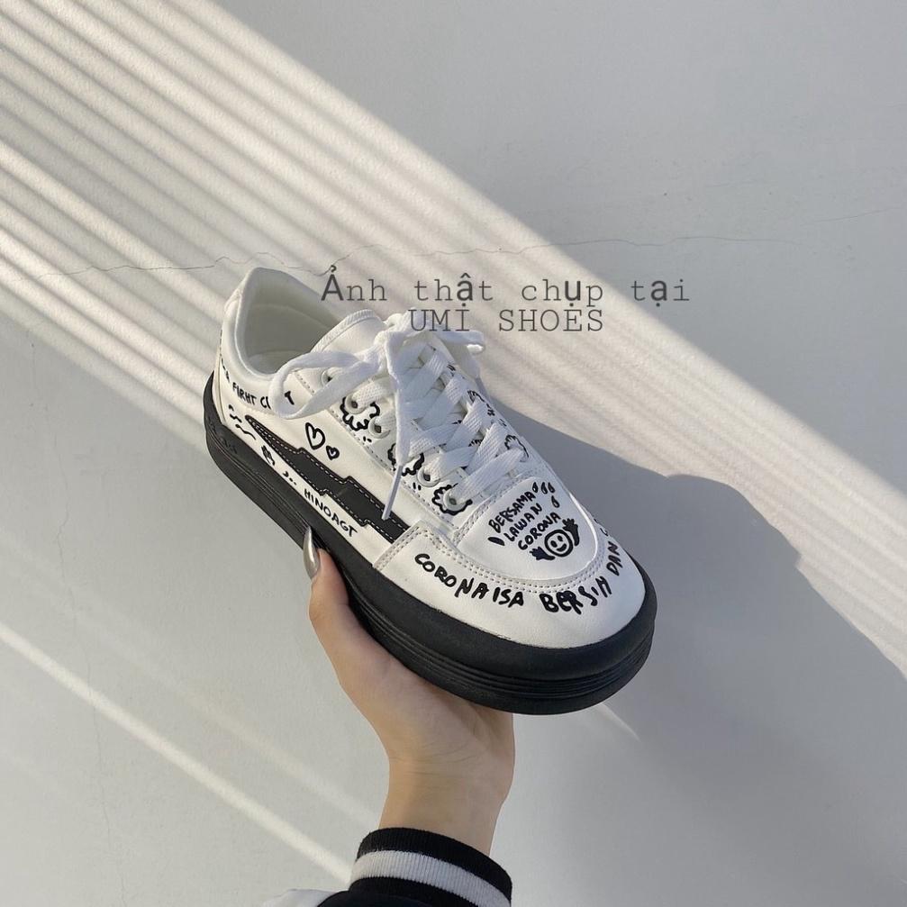 Giày thể thao nữ GRAFFITI độn đế cao 4cm chữ kí họa tiết vẽ tay màu trắng đen dễ phối đồ đơn giản mẫu mới trend