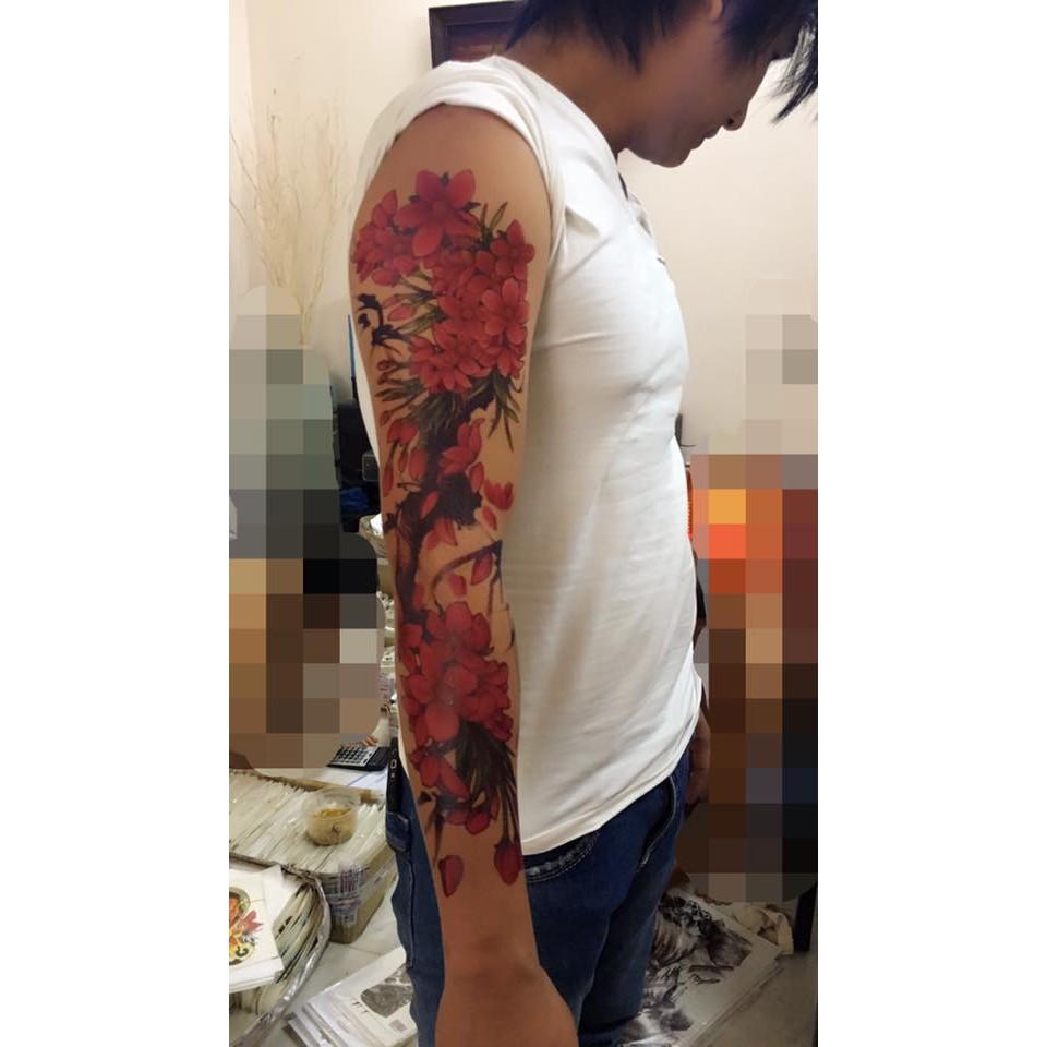 Hình xăm dán hoa đào kín tay màu 17x48cm