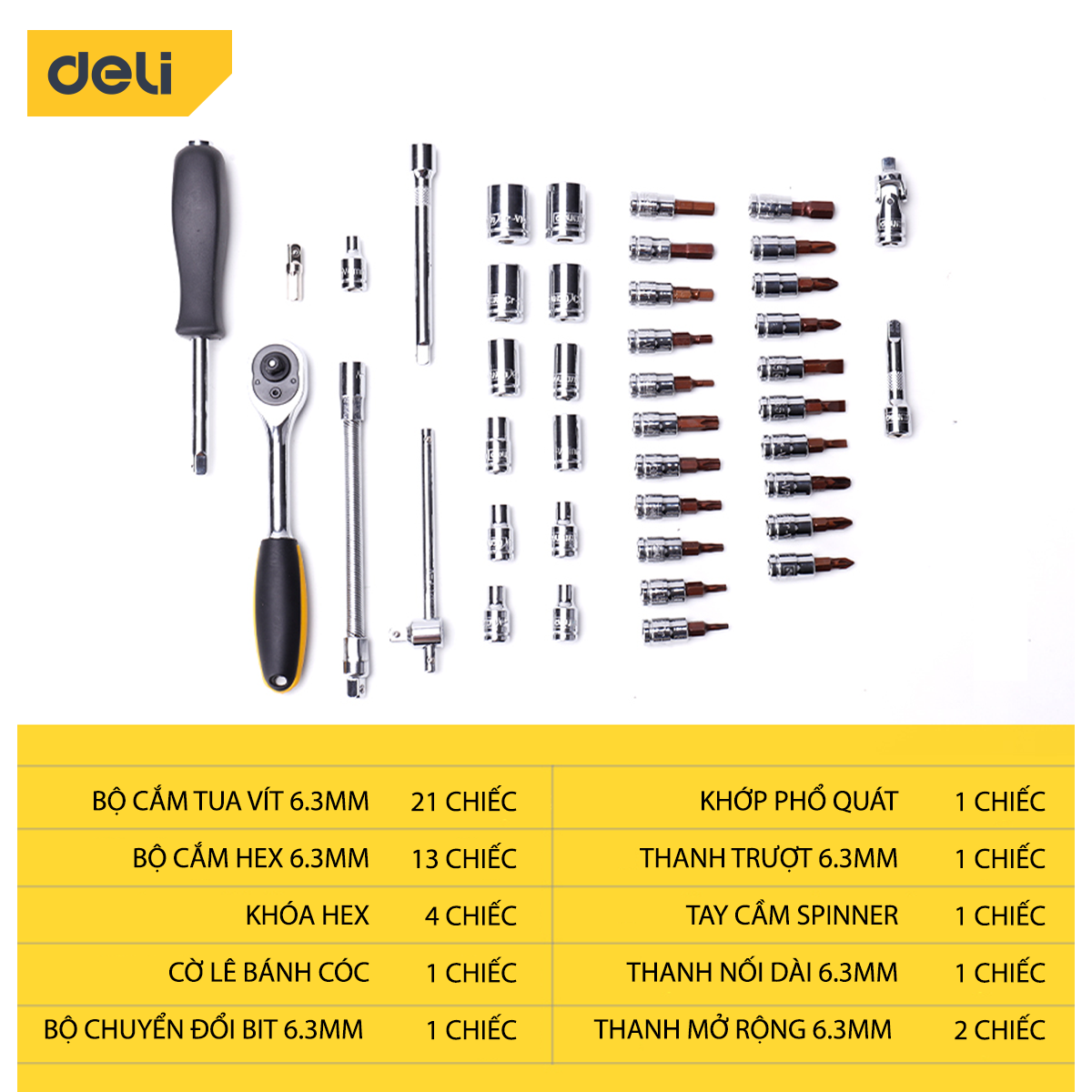 Bộ Dụng Cụ Vặn Bu Lông 6.3mm Deli Cao Cấp 46 Chi Tiết Sửa Chữa Xe Máy, Ô Tô - Hộp Đựng Cầm Tay Tiện Lợi - DL1046