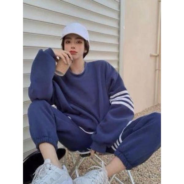 Set bộ quần áo nữ, Bộ Nỉ Kẻ Vạch Màu xanh - Set quần bo gấu kèm áo sweater thể thao kiểu hoodie cá tính Ulzzang
