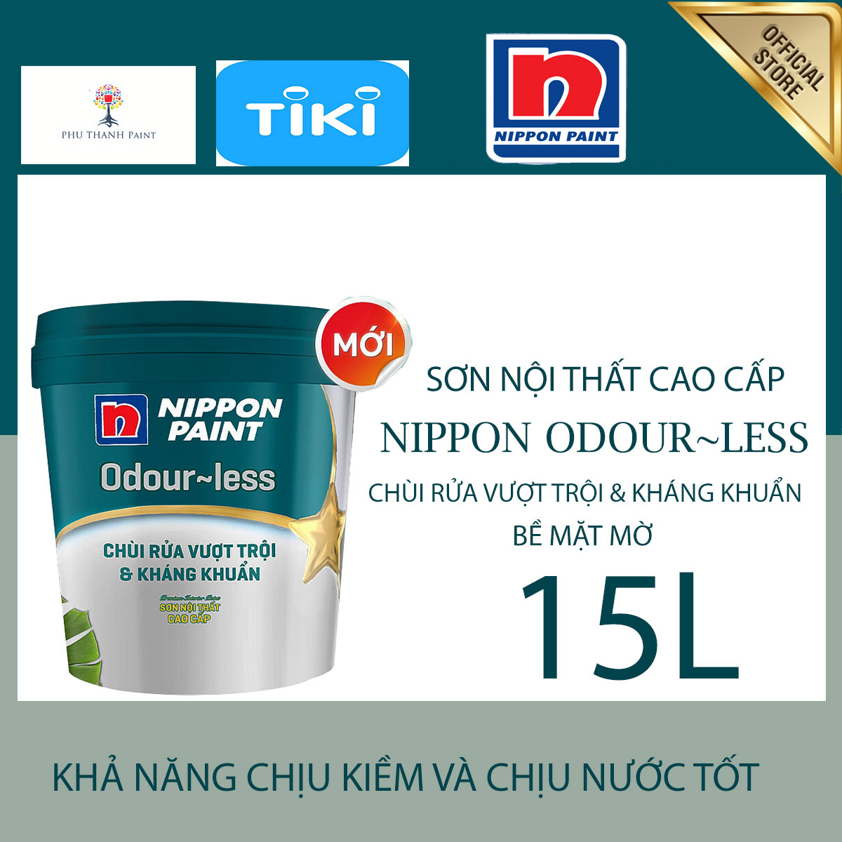 Sơn nước nội thất - Siêu cao cấp - Nippon Odour~less -Chùi rửa- Kháng khuẩn - Bề mặt mờ - 15L