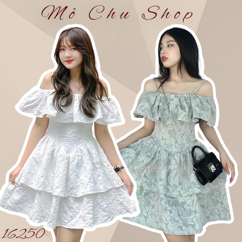 Đầm xòe gấm trễ vai bèo tầng siêu xinh
