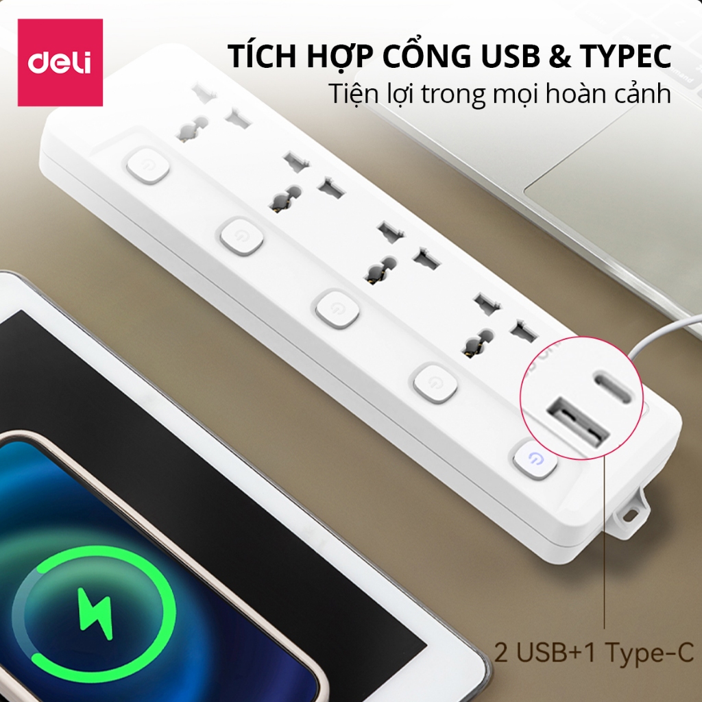 Ổ Cắm Điện Mẫu Mới 2025 Deli Ổ ĐIện Đa Năng Chống Cháy Nổ 2500W Cổng Sạc USB/ TypeC Thông Minh