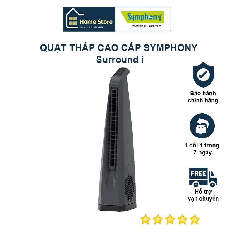 Quạt tháp Symphony Surround i màu đen nhập khẩu Ấn Độ 75W điều khiển từ xa hẹn giờ lọc bụi - Hàng chính hãng