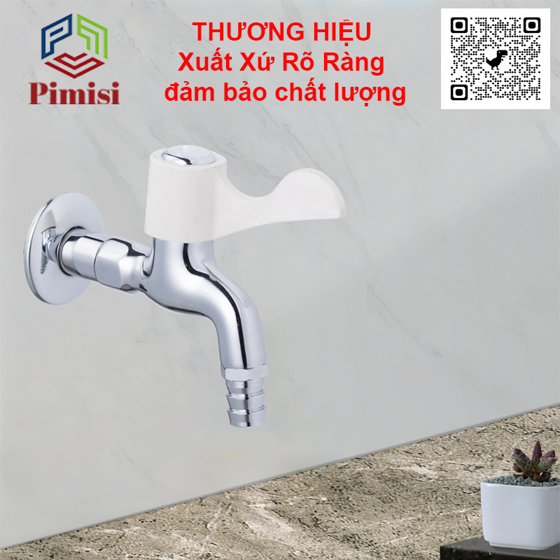 Vòi xả nước lạnh gắn tường Pimisi bằng đồng thau mạ crom - niken sáng bóng cao cấp dùng làm vòi hồ nước lạnh rửa tay chân, lấy nước máy giặt hoặc xả rửa sàn ban công tưới cây gạt tay mở 90 độ | Hàng chính hãng