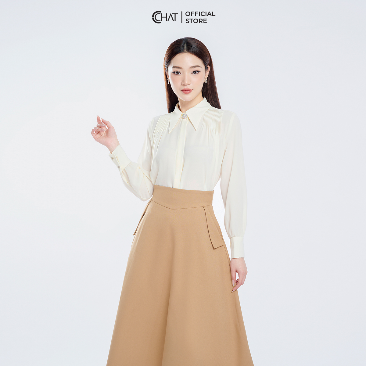Áo Sơ Mi Nữ  Kiểu Nhún Vai 2 Bên Dáng Suông Chất Mango Cao Cấp 53FDE2009ST