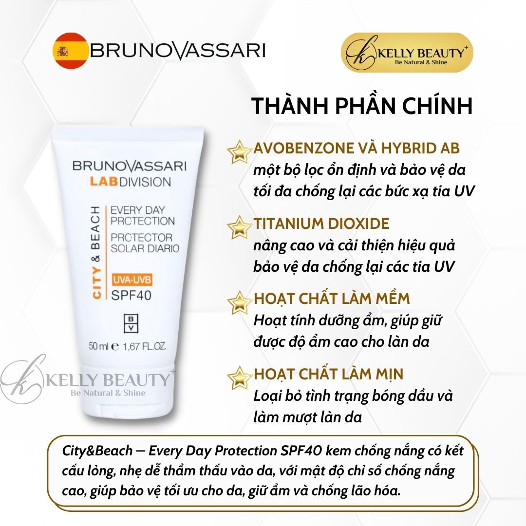 Kem Chống Nắng Phổ Rộng City & Beach Everyday Protection SPF40 - Bruno Vassari | Kelly Beauty