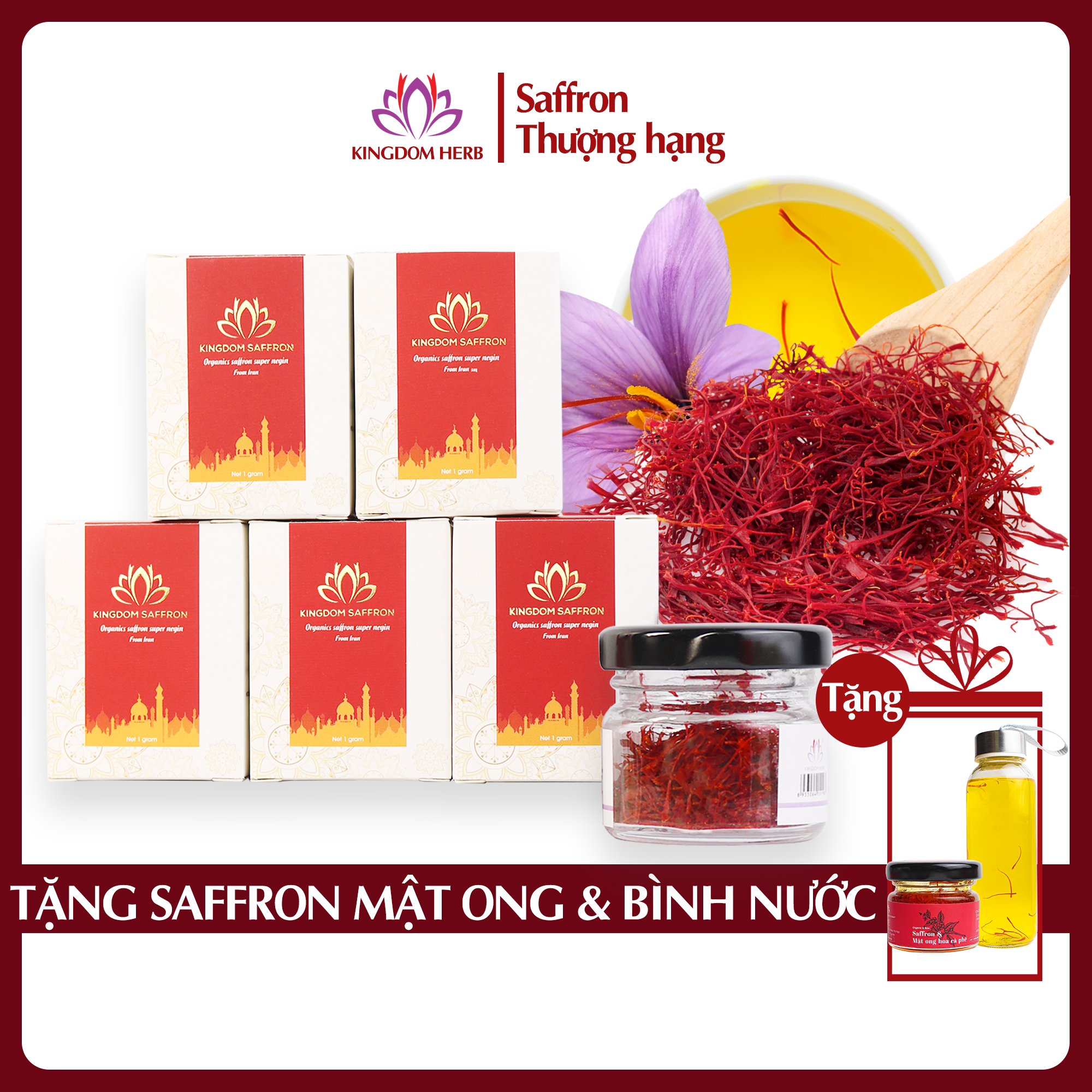 Combo 5 hộp (hộp/1gr) nhụy hoa nghệ tây Kingdom Herb, saffron Iran chính hãng super negin thượng hạng (Tặng hộp saffron mật ong 40g và bình nước thủy tinh)