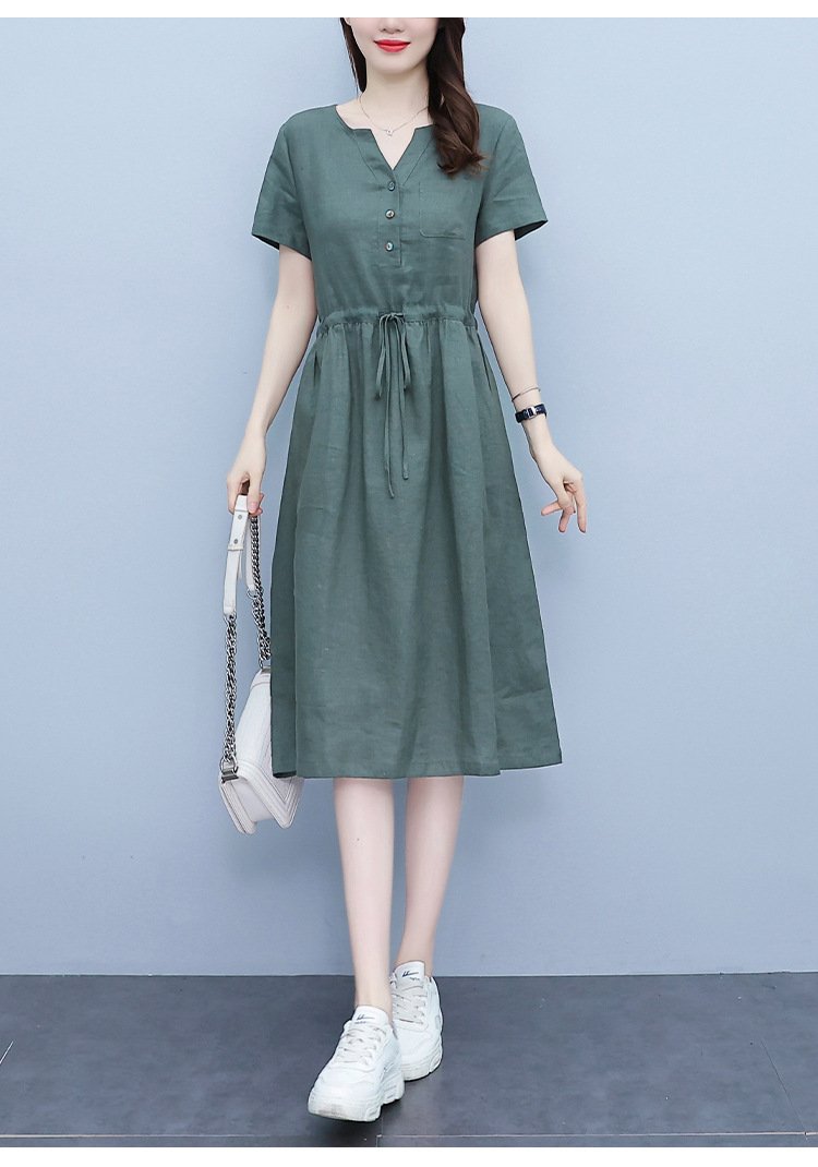 Đầm Linen dáng suông cỏ V có túi 2 bên sườn kèm dây rút eo trẻ trung, tôn dáng da218