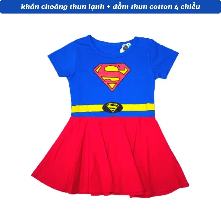 Đầm siêu nhân bé gái 11-26kg- Tặng kèm khăn choàng - thun cotton - thấm hút mồ hôi- Hình không bong tróc-Kiến Lửa