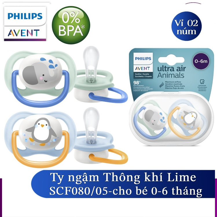 Núm ty ngậm thông khí Philips Avent hình thú phiên bản Lime cho trẻ từ 0-6 tháng tuổi  vỉ đôi  - Xanh-vàng