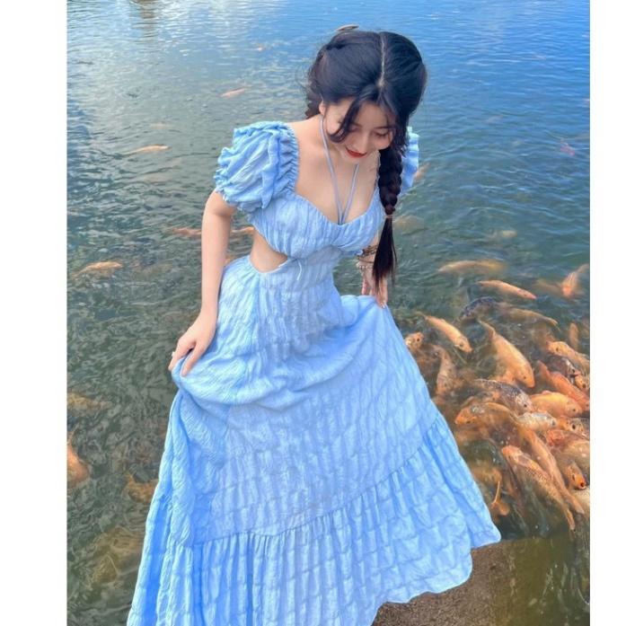 Đầm váy maxi khoét eo xốp mút ngực hồng xanh bơ trắng tay phồng Ivy.fashion đi biển dự tiệc dạo phố bigsize gợi cảm se