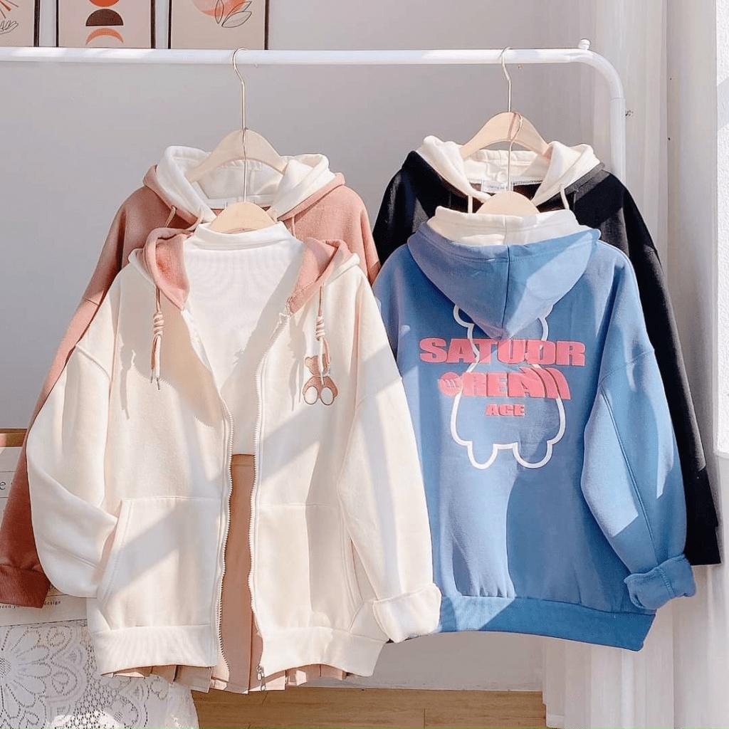 Áo khoác nỉ nữ NÓN 2 LỚP phong cách cực cute THÊU GẤU HOT TREND 2022, áo khoác Nỉ kéo khoá thêu hình gấu 2 n