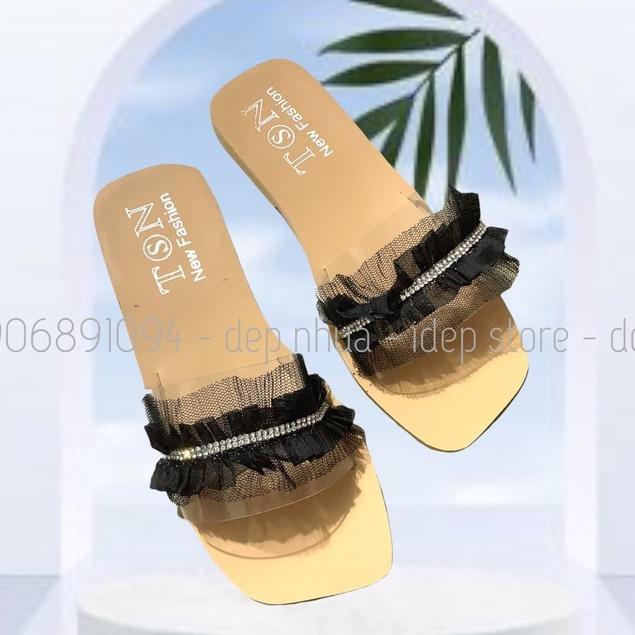 Dép nữ quai ngang trong bèo nhun nhúm đính cườm đế gỗ iDép- DL147