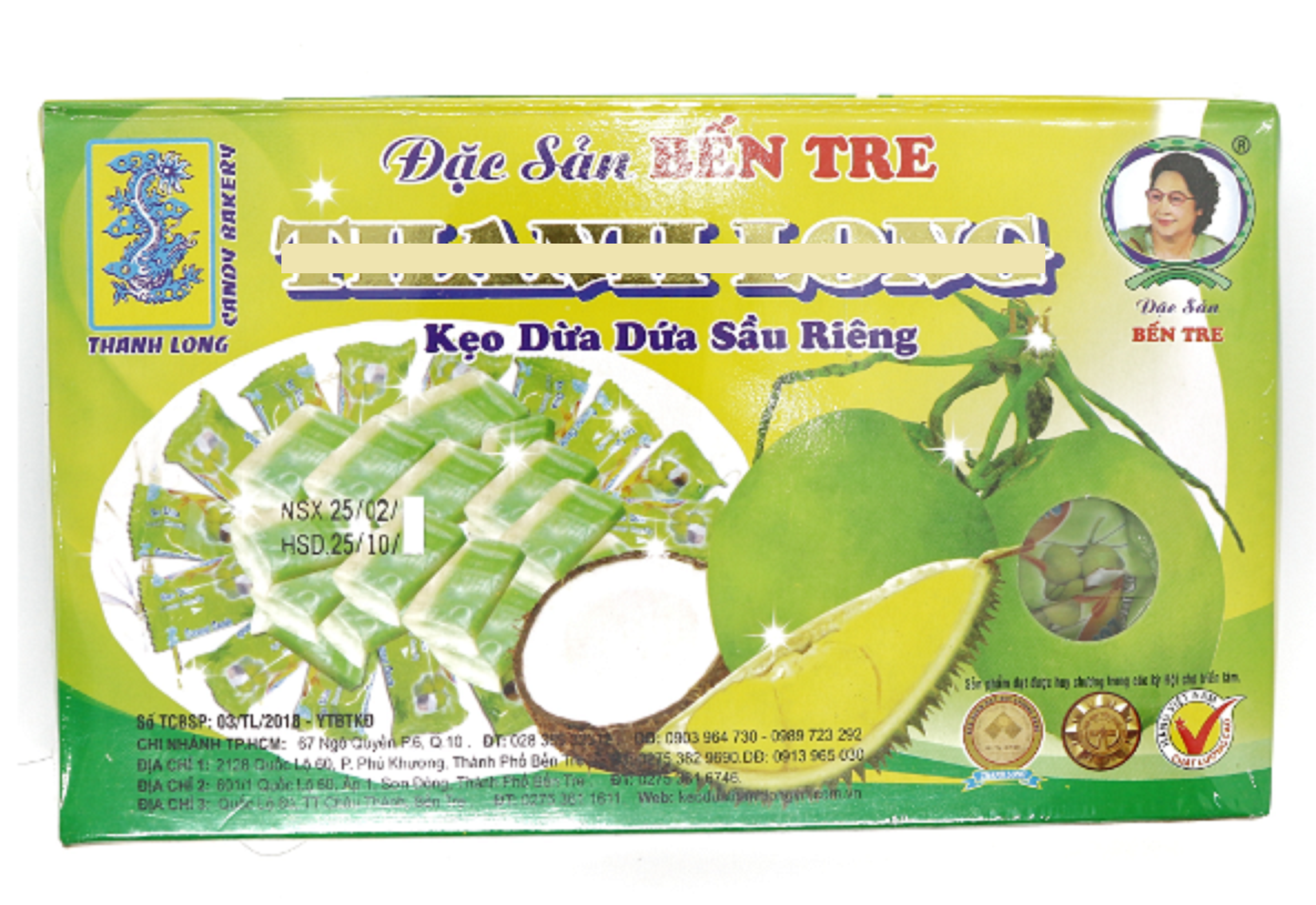 Kẹo dừa lá dứa sầu riêng hiệu Thanh Long-đặc sản Bến Tre