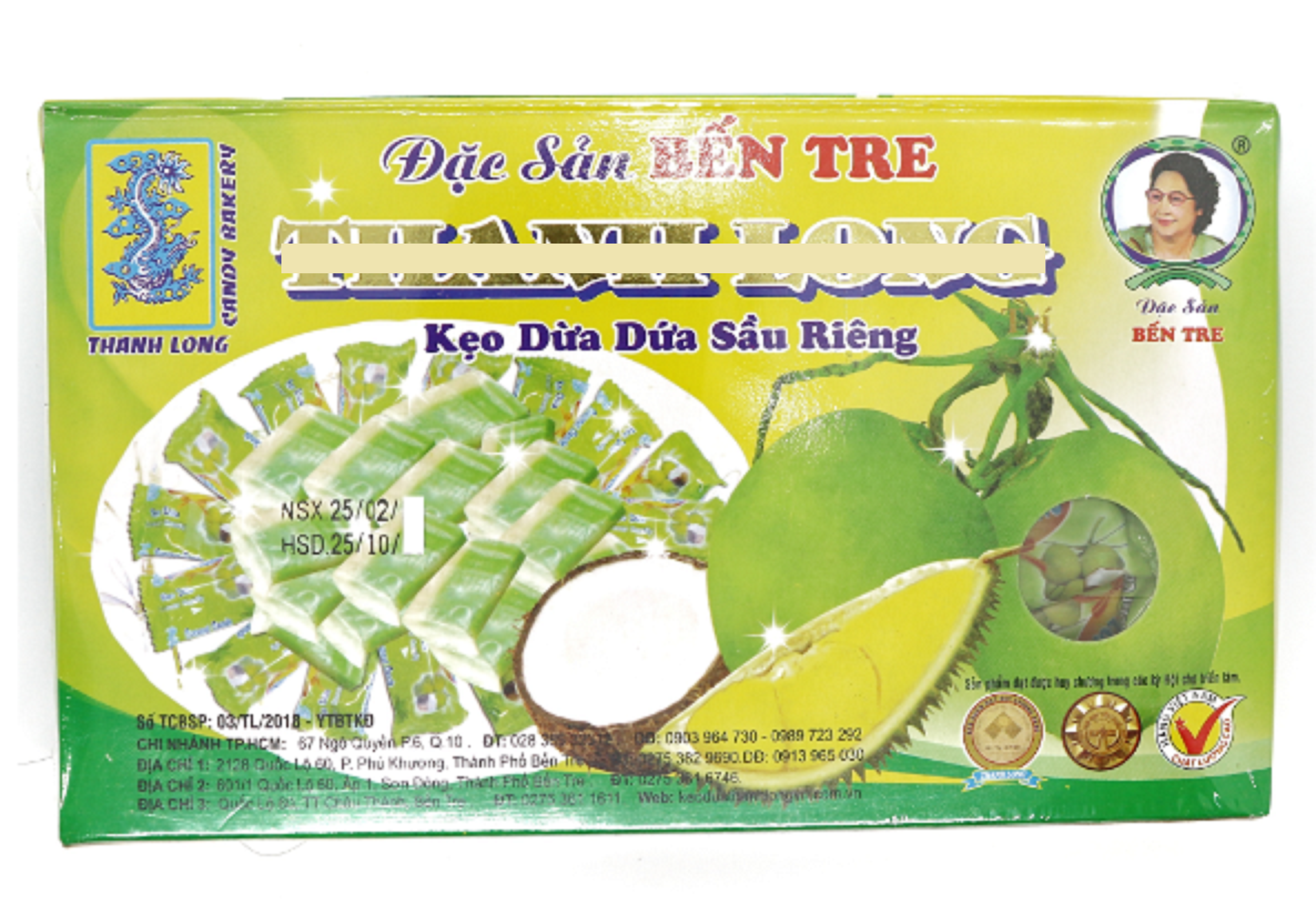 Kẹo dừa lá dứa sầu riêng hiệu Thanh Long-đặc sản Bến Tre (300g)