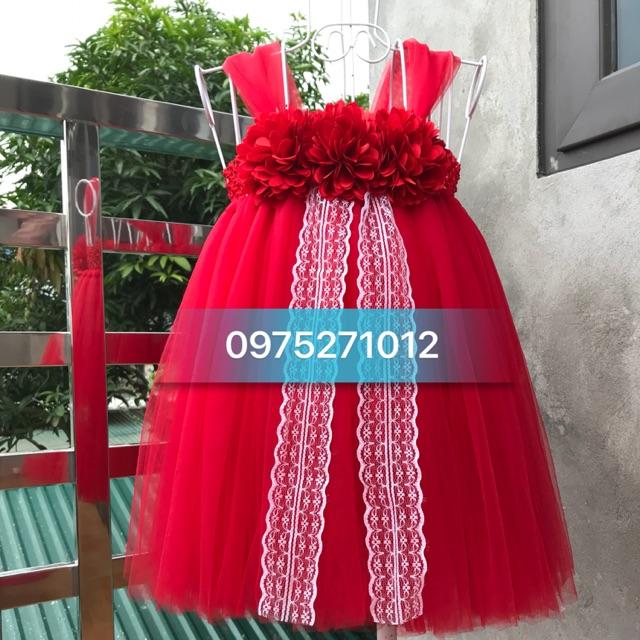 Đầm công chúa ️️ Đầm công chúa cho bé đỏ hoa xu ren trắng