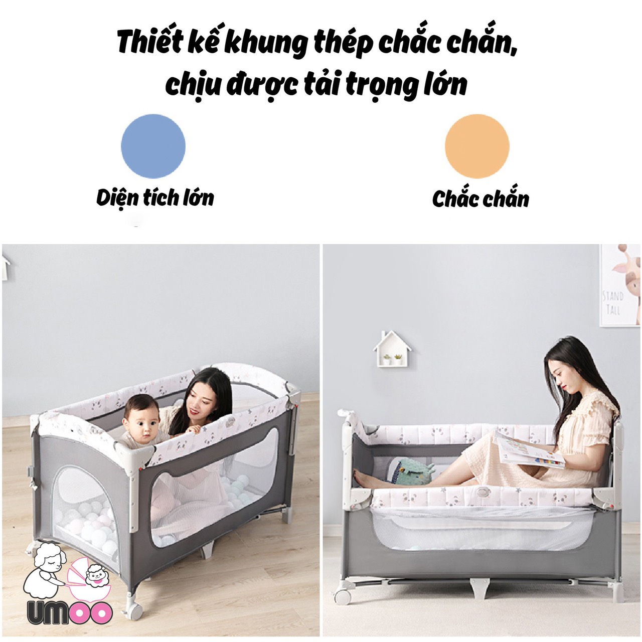 Nôi cũi vải gấp gọn đa năng umoo um-08108 chính hãng sang chảnh