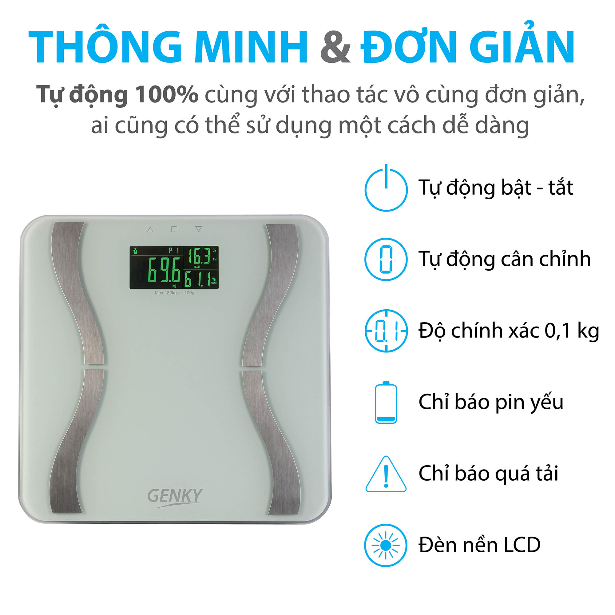 Cân sức khỏe điện tử thông minh Genky - phân tích cơ thể, theo dõi mỡ, cơ, nước, xương, calo, màn hình siêu rộng