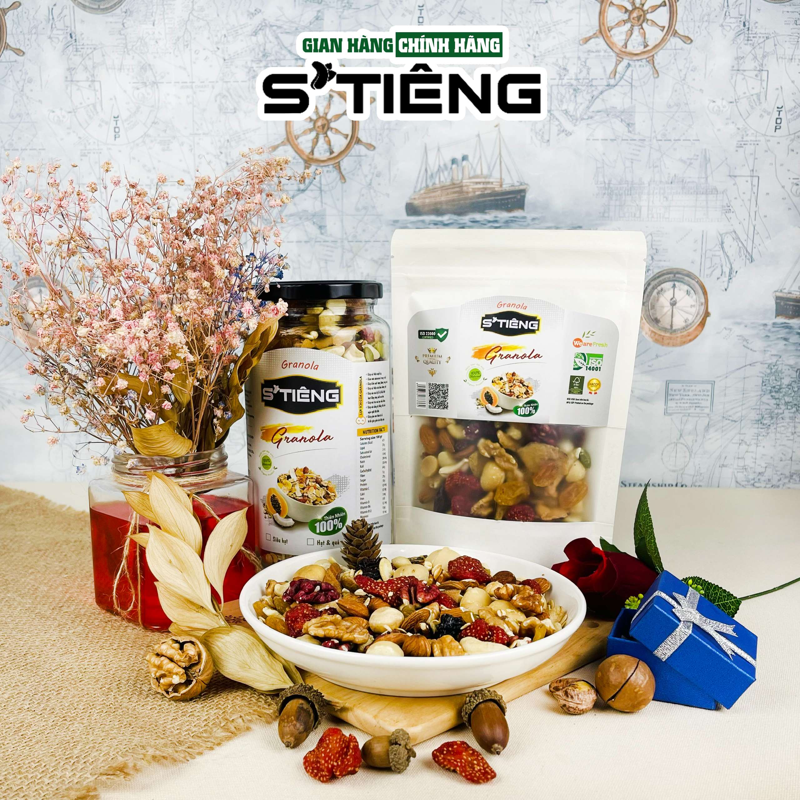 Granola Siêu Hạt &amp; Quả Sấy STIENG, Hạt Dinh Dưỡng Ngủ Cốc Ăn Kiêng Giảm Cân, Hạt Óc Chó, Hạt Macca, Hạt Điều, Hạt Hạnh Nhân, Hạt Bí. Nho Khô