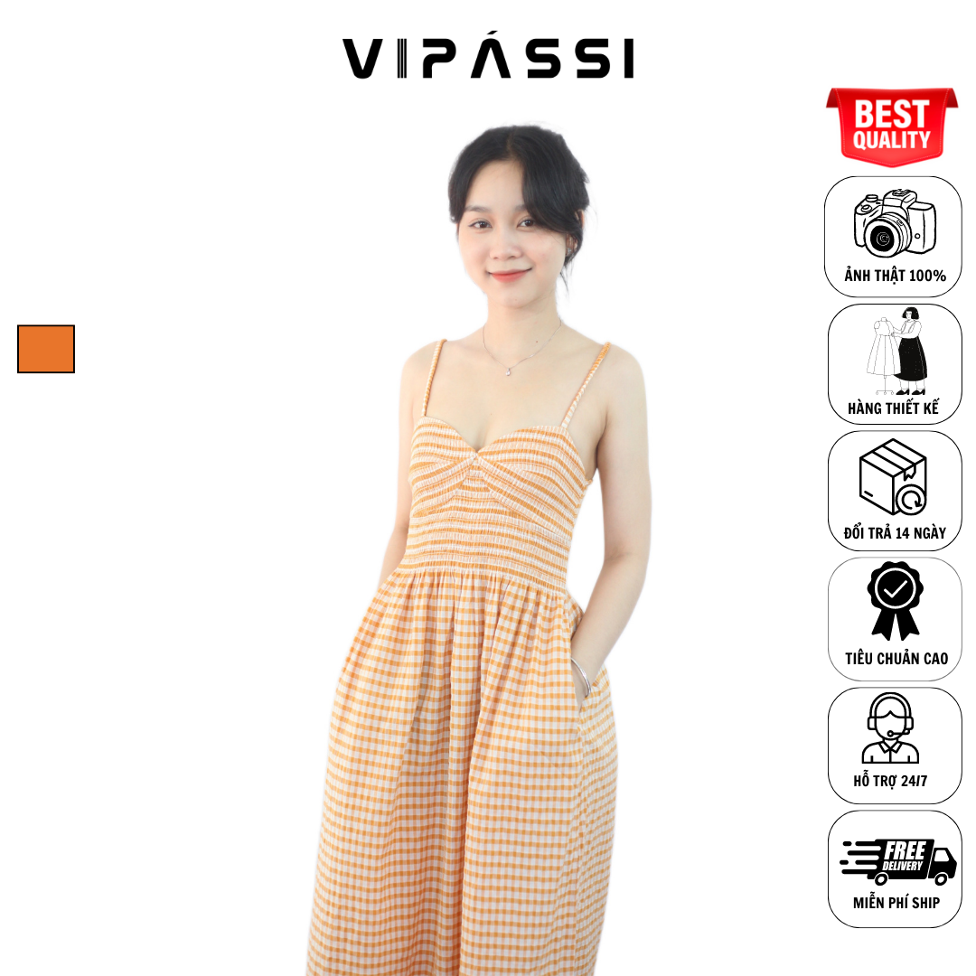 VIPÁSSI- Đầm Hai Dây Ca Rô Cam Có Túi Ôm Body