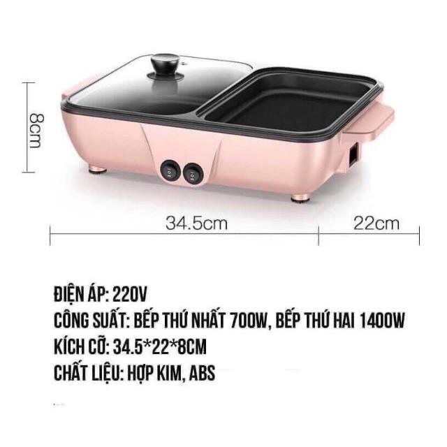 Bếp điện lẩu nướng 2 ngăn mini chính hãng Shanban Electric Baking Tray, Nồi đa năng, nồi lẩu điện 2in1 - Hàng nhập khẩu