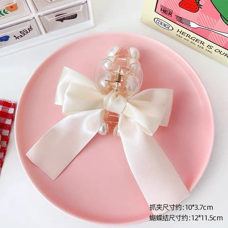 Kẹp gấp lớn phối ngọc và nơ chất ruy băng sang trọng loại 1 - Nunam shop