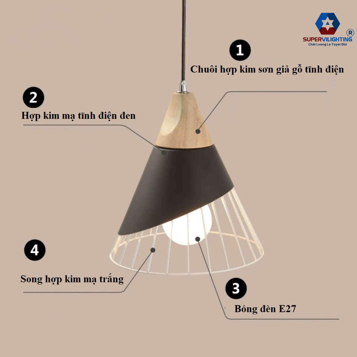 Đèn treo thả trần trang trí phòng khách đầu giường chuôi gỗ hiện đại đen trắng