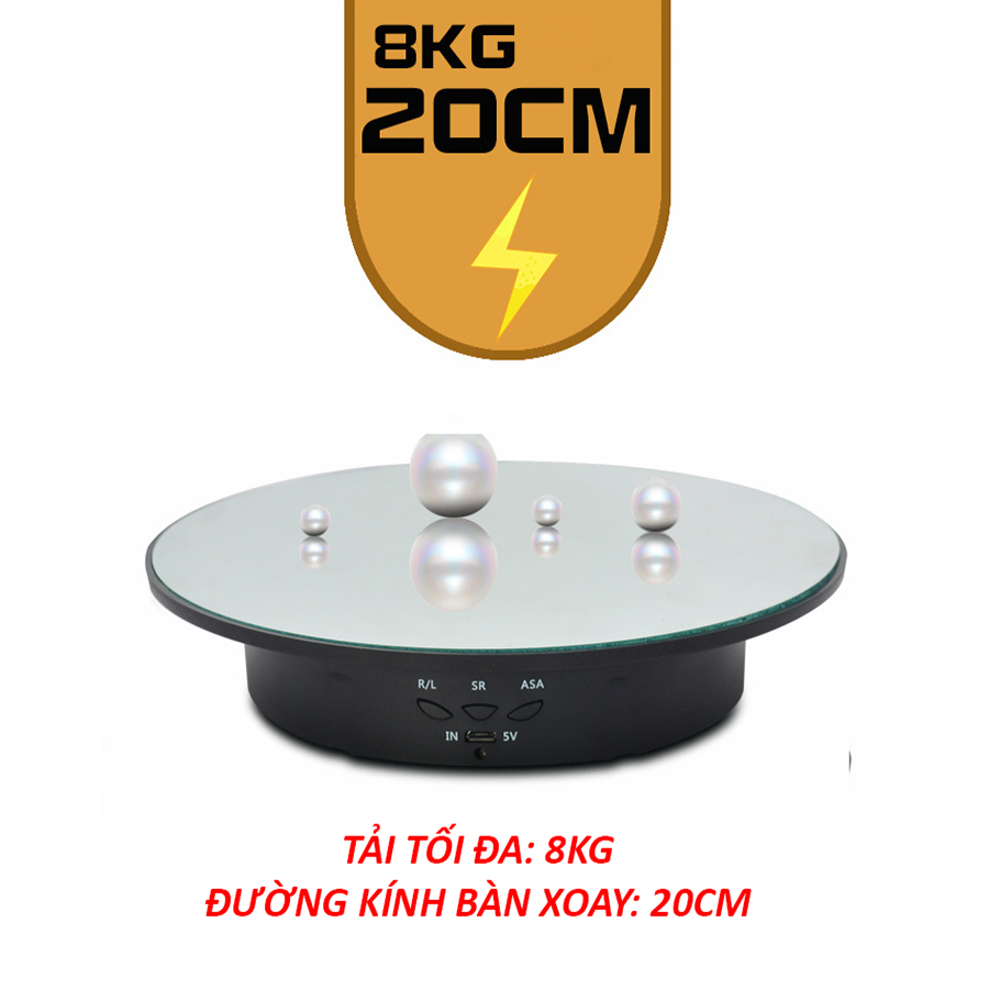 Bàn Xoay Sản Phẩm 360 Độ Cắm Nguồn USB + Pin Sạc Đường Kính 20cm, Tải 8KG, Đế Xoay Trưng Bày Sản Phẩm Đa Tốc Độ, Đa Góc